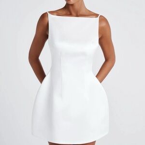 Satin Boatneck Mini Dress in White